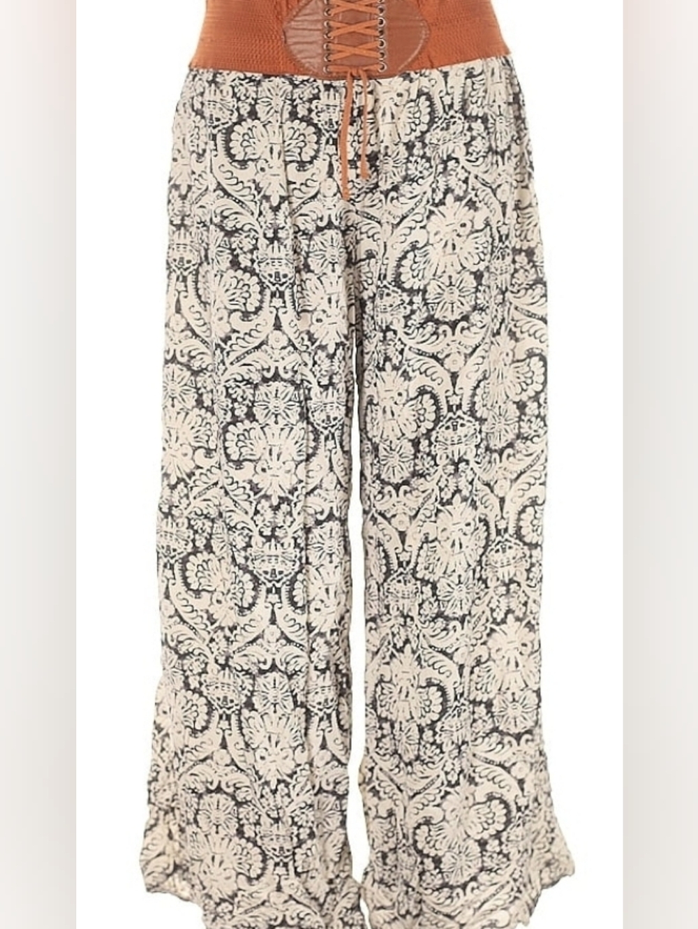 La Moda Boho Wide-Leg Printed Lounge Pants in Cream & Black - Picture 2 of 8
